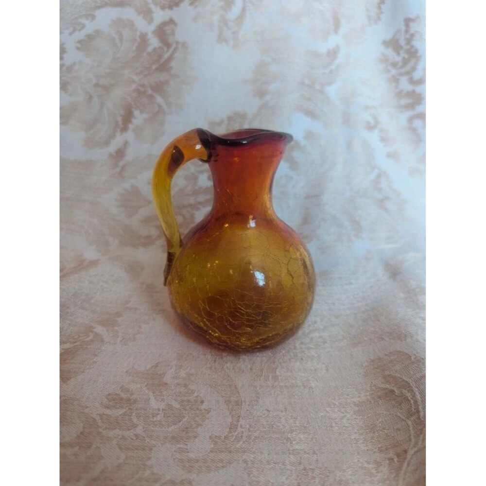 Vintage MCM Crackle Glass 4 1/2" tall Pitcher Ruby Red And Amberina Art Deco - Picture 3 of 5